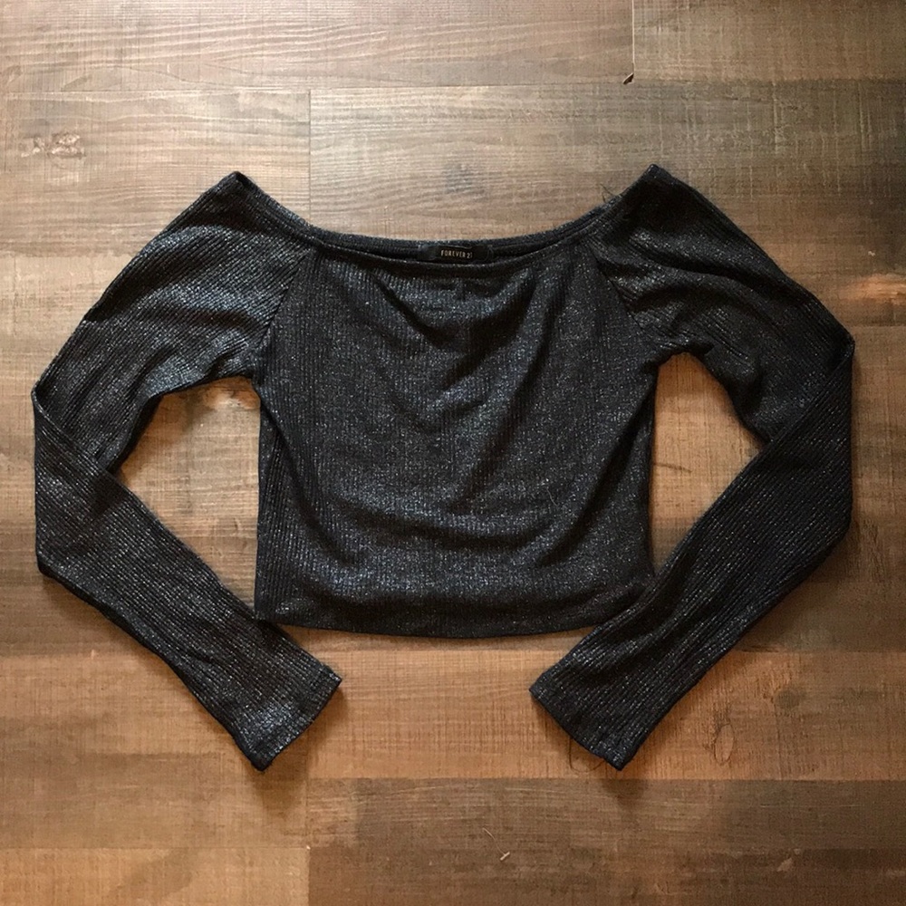 SOLD Heathered Grey Sparkle Long Sleeve Crop Top